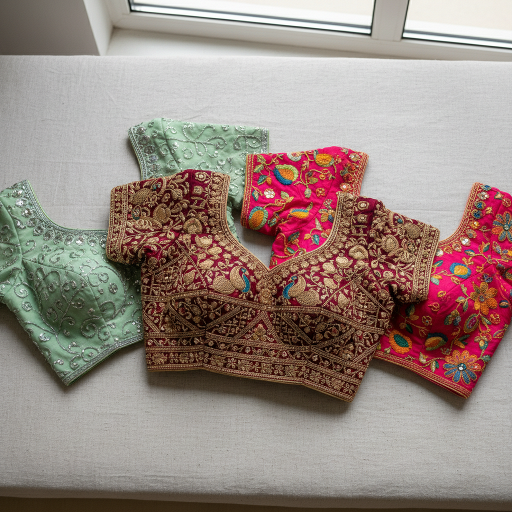 A collection of beautifully finished Aari work blouses ready for delivery from Samuthrika Academy.