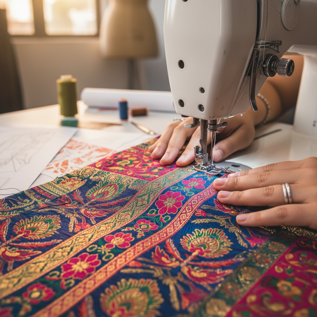 A close-up shot of a student's hands working on an intricate garment during a practical session for an advanced diploma in fashion design.