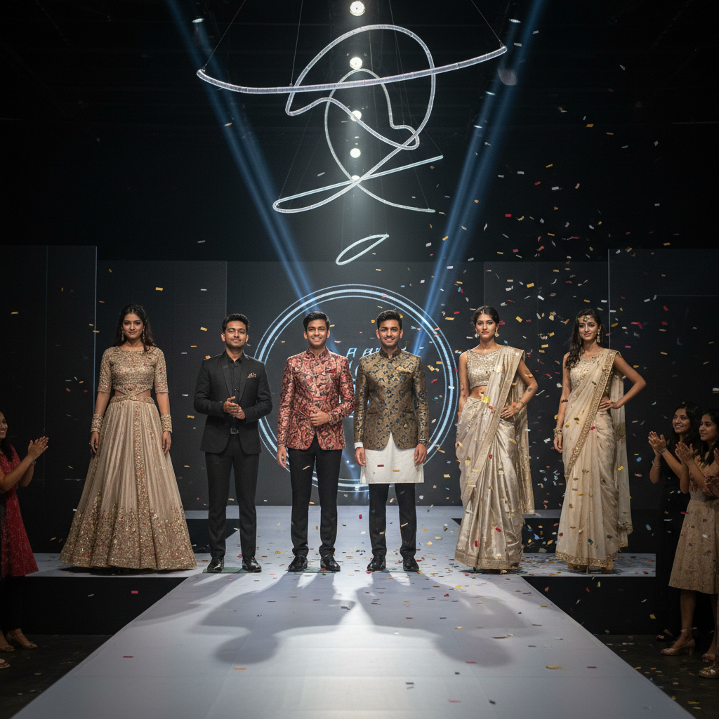 Graduating students from a fashion designing course in Trichy proudly display their final collections at a student fashion show.
