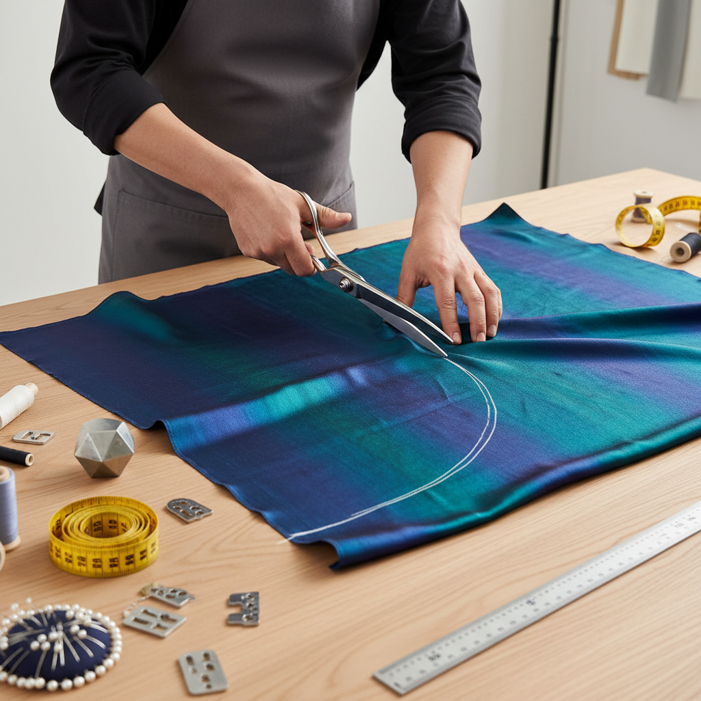 Detailed view of fabric cutting during a garment construction course.